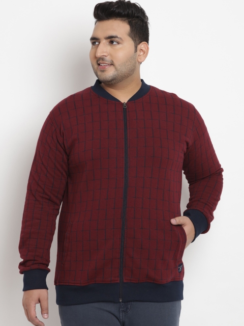 

John Pride Plus Size Men Maroon Navy Blue Checked Front-Open Sweatshirt