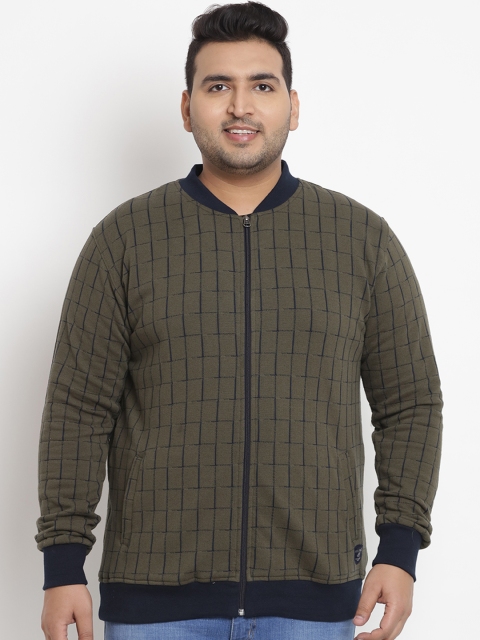 

John Pride Plus Size Men Olive Green Navy Blue Checked Front-Open Sweatshirt
