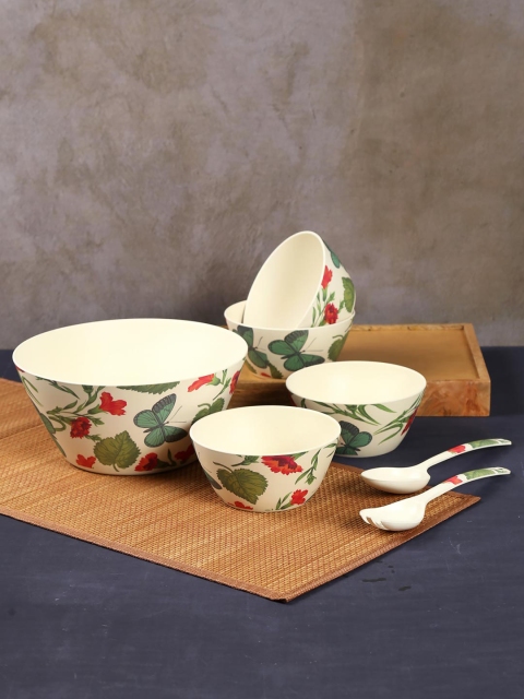 

India Circus by Krsnaa Mehta Cream-Coloured Set Of 7 Printed Bamboo Bowl