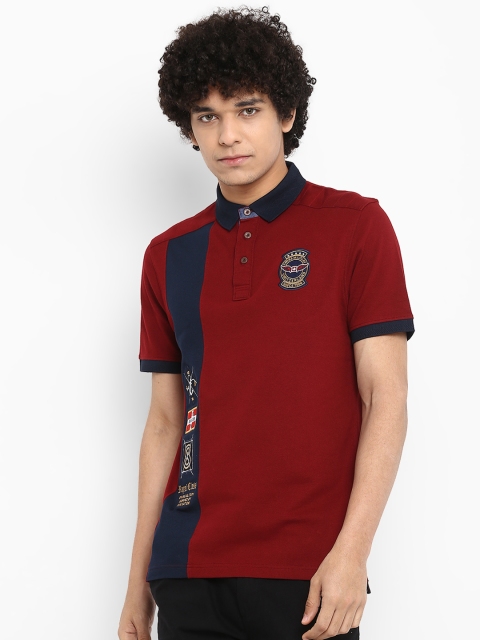 

SWISS MILITARY Men Maroon & Navy Blue Colourblocked Polo Collar Slim Fit T-shirt
