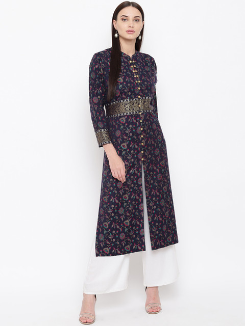 

HK colours of fashion Women Navy Blue Printed Straight Kurta