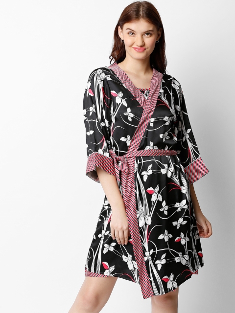 

I Like Me Women Black & Pink Floral Printed Robe