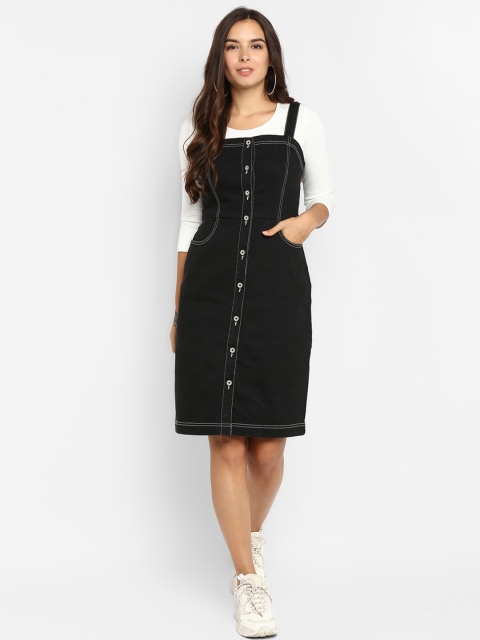 

FOSH Women Black Denim Pinafore Dress