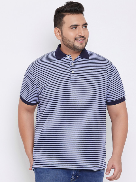 

bigbanana Plus Size Men Blue Striped Polo Collar Bio Finish T-shirt