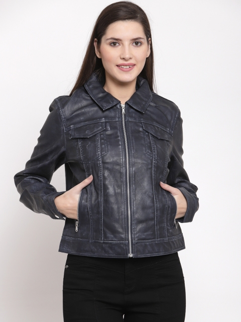 

Apsis Women Navy Blue Solid Lightweight Biker Jacket