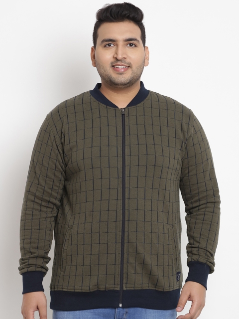 

John Pride Plus Size Men Olive Green Navy Blue Checked Front-Open Sweatshirt