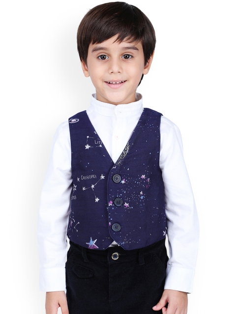 

One Friday Boys Navy Blue Printed Pure Cotton Waistcoat
