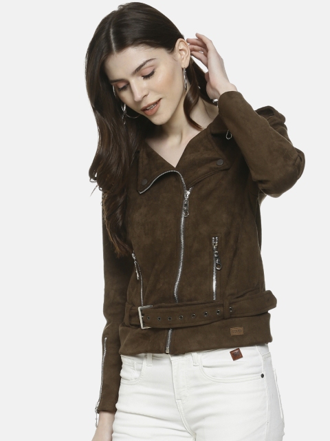 

Campus Sutra Women Olive Green Solid Windcheater Jacket