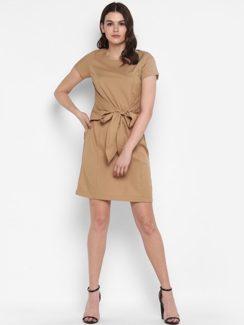 

MIAMINX Women Camel Brown Solid Fit and Flare Dress