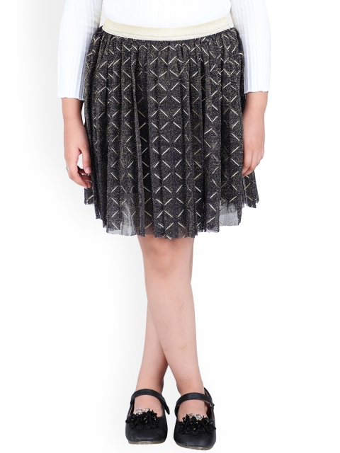 

One Friday Girls Black & Beige Printed Knee-Length Flared Skirt, Charcoal