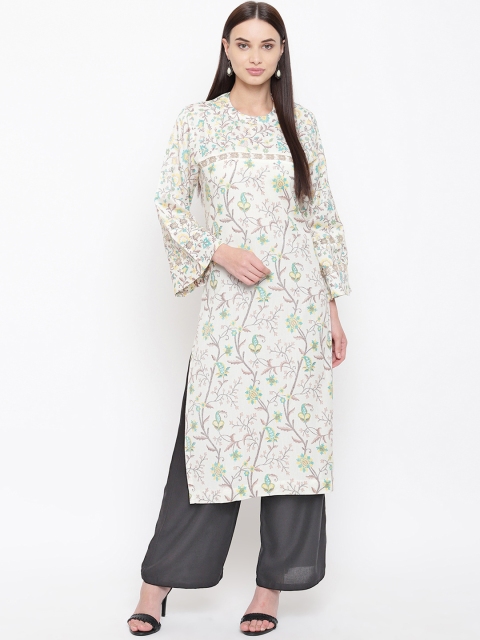 

HK colours of fashion Women White Floral Print Straight Kurta