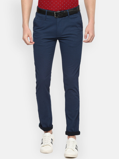 

V Dot Men Navy Blue Slim Fit Self Design Regular Trousers