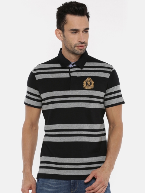 Splash Men Grey & Black Striped Polo Collar T-shirt