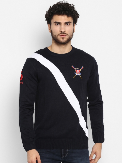 

Red Tape Men Navy Blue & White Striped Pullover Sweater