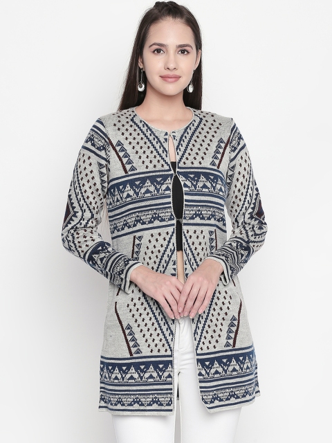 

AKKRITI BY PANTALOONS Women Off-White & Navy Blue Printed Cardigan Sweater