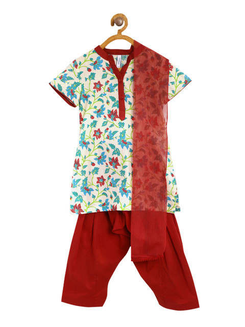

Campana Girls Red & Off-White Printed Kurta with Salwar & Dupatta
