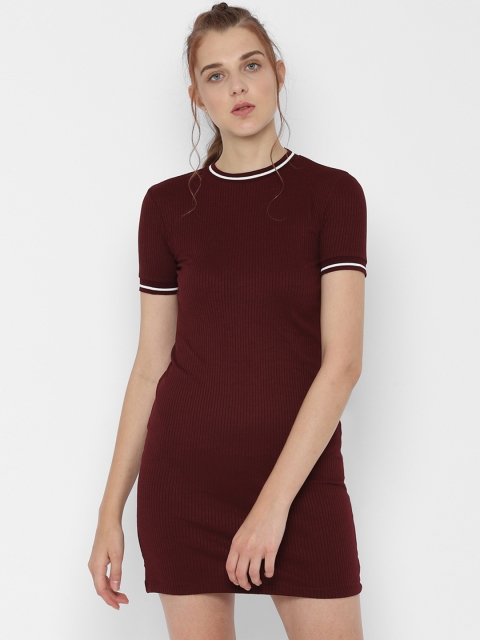 

People Women Self Design Maroon T-shirt Dress