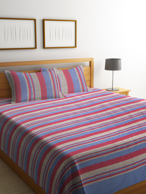 

NEUDIS Pink & Blue Striped Double Bed Cover With 2 Pillow Covers