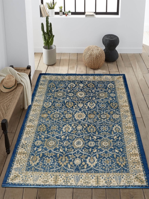 

Saral Home Blue & Beige Floral Microfibre Polyester Digital Printed Anti-Skid Carpet