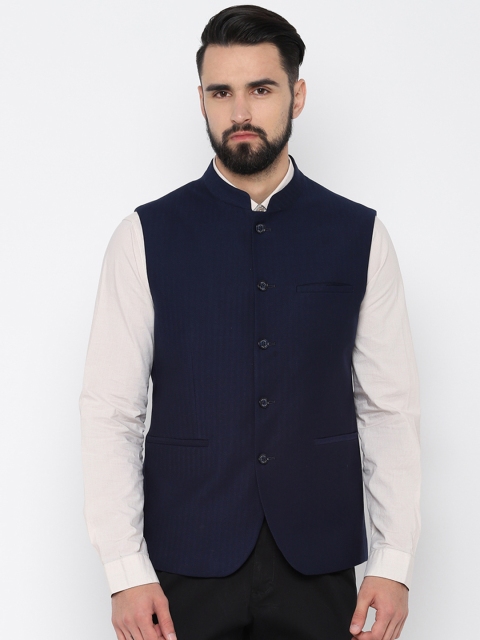 

Allen Solly Men Navy Blue Woven Design Nehru Jacket
