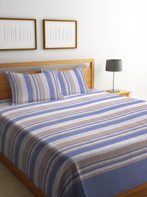 NEUDIS Blue & Brown Striped Double Bed Cover With 2 Pillow Covers