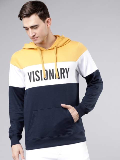 

LOCOMOTIVE Men Mustard & Navy Blue Solid Hooded Sweatshirt