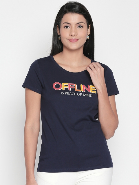 

Honey by Pantaloons Women Navy Blue Printed Round Neck Pure Cotton T-shirt