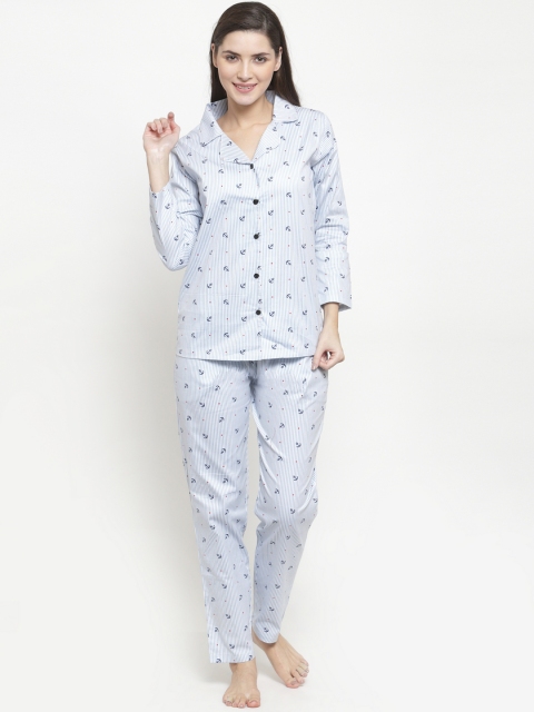 

Claura Women White & Blue Printed Night Suit