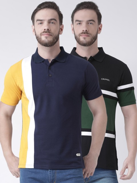 

GRIFFEL Men Pack Of 2 Colourblocked Polo Collar T-shirts, Navy blue