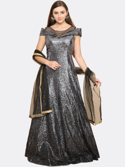 

Koskii Women Black Sequinned Maxi Dress With Dupatta