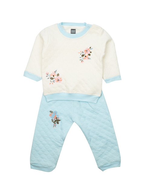 

MeeMee Girls Blue & White Self Design T-shirt with Trousers