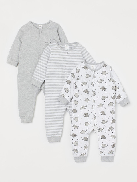 

H&M Kids 3-pack Cotton Rompers, Grey
