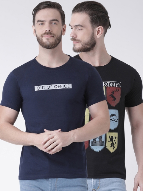 

GRIFFEL Men Pack Of 2 Printed Round Neck T-shirts, Navy blue