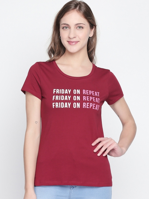 

Honey by Pantaloons Women Maroon Printed Round Neck Pure Cotton T-shirt