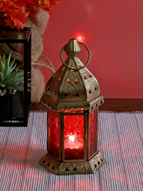 

TAYHAA Red & Bronze-Toned Textured Moroccan Table Lantern