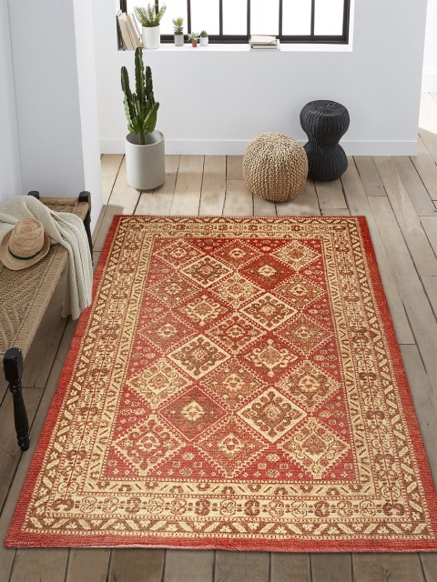 Saral Home Orange & Beige Diamond Pattern Microfibre Polyester Digital Printed Anti-Skid Carpet