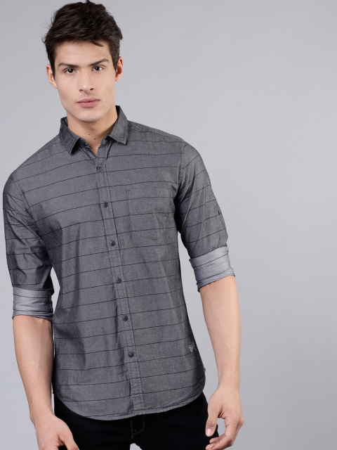 

Ecko Unltd Men Charcoal Grey & Black Slim Fit Striped Casual Shirt