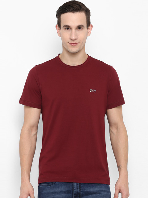 

SWISS MILITARY Men Maroon Solid Round Neck Pure Cotton T-shirt