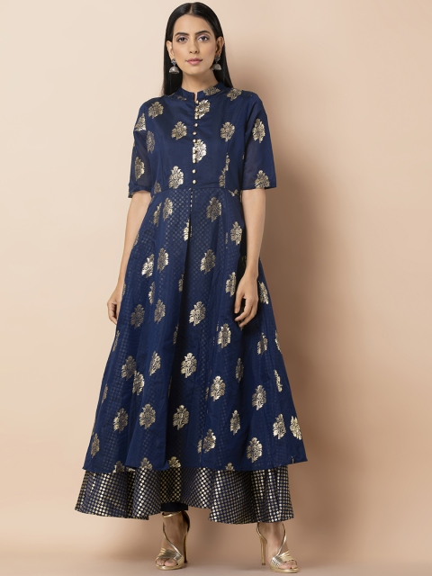 

INDYA Women Navy Foil Chanderi Kurta with Attached Skirt, Blue