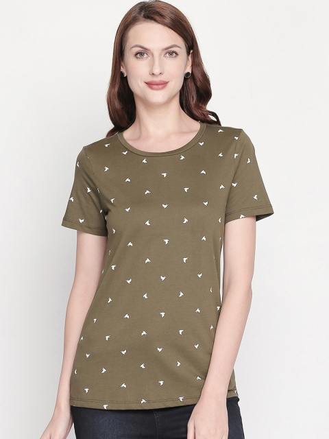 

Honey by Pantaloons Women Olive Green Printed Round Neck T-shirt