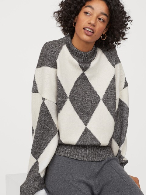 

H&M Women Grey & Cream-Coloured Jacquard-Knit Jumper