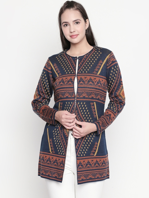 

AKKRITI BY PANTALOONS Women Navy Blue & Brown Printed Cardigan Sweater
