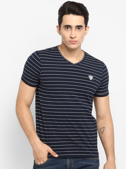 SPYKAR Men Blue Striped V-Neck T-shirt