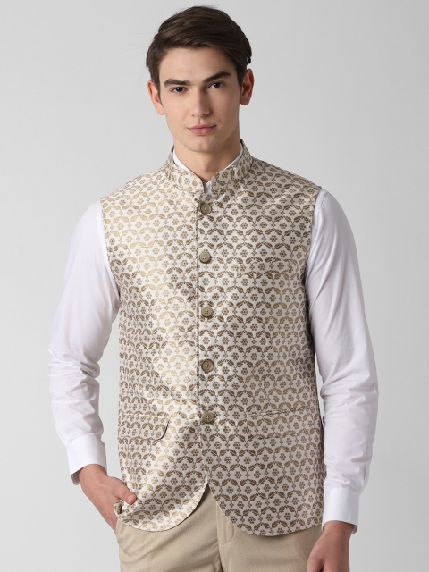 

Peter England Men White & Gold-Coloured Printed Woven Nehru Jacket