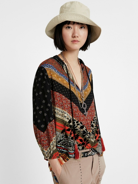 

Desigual Women Rust Brown Printed A-Line Top