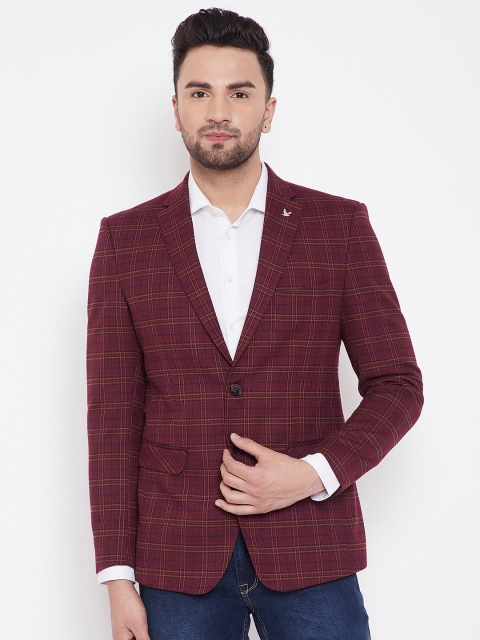 

Canary London Men Maroon Checked Slim-Fit Single-Breasted Blazer