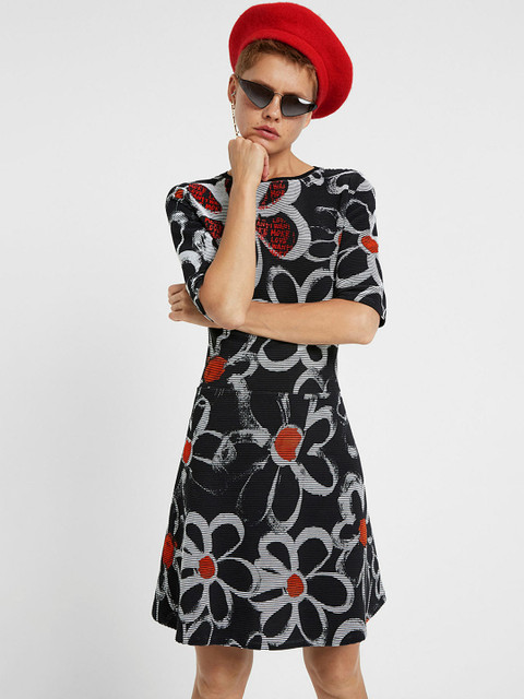 

Desigual Women Black Floral Printed Fit and Flare Dress