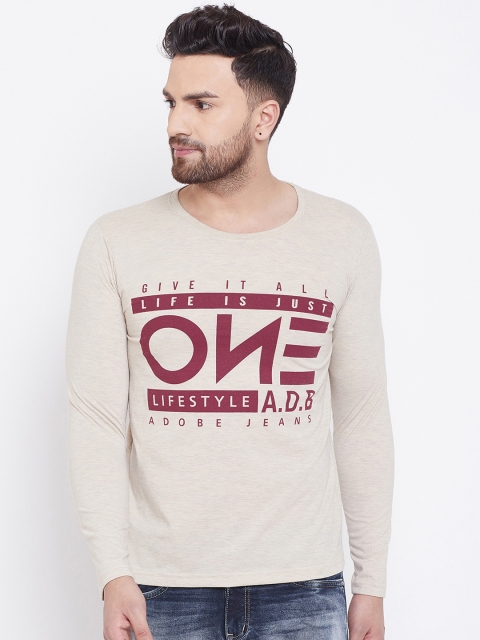 

Adobe Men Beige & Maroon Printed Round Neck T-shirt