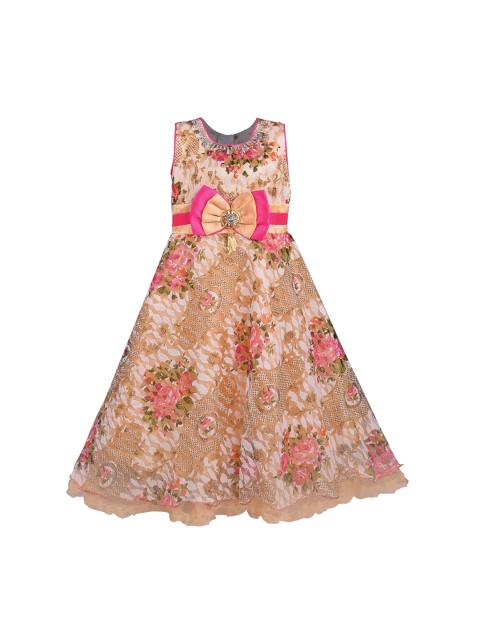 

Wish Karo Girls Beige & Pink Floral Printed Lace Maxi Dress