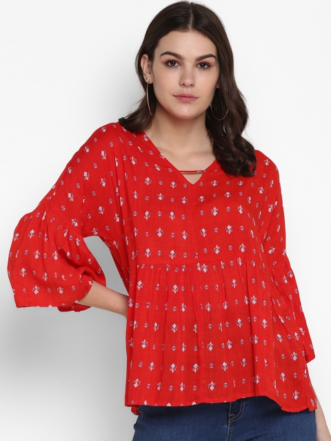 

MIAMINX Women Red Printed A-Line Top